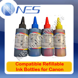 CIS Refillable Ink Set (4x) BK/C/M/Y 100ml Ink Bottles for Canon Refillable Printers